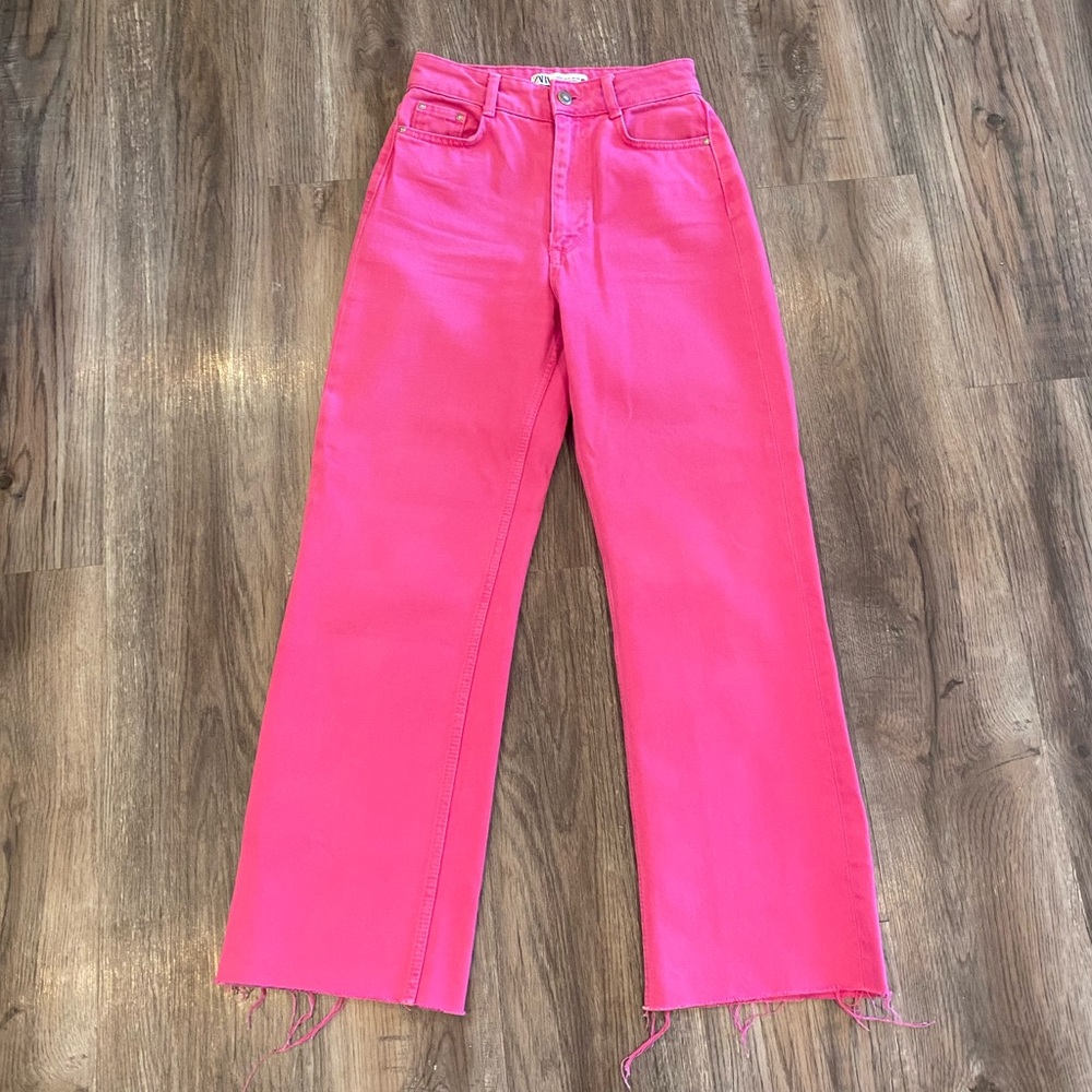 ZARA high waisted hot pink wide leg straight jeans raw hem marine 2 petite pants